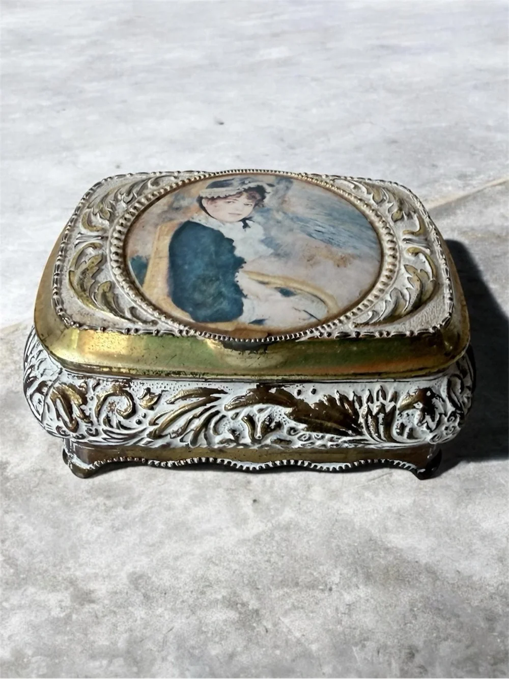 vintage jewelry box is a Victorian Girl Trinket Box a gold metal frame